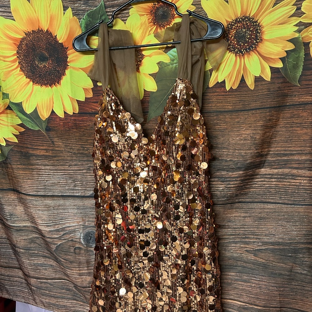 Gold Sequin Party Dress with Mesh Straps